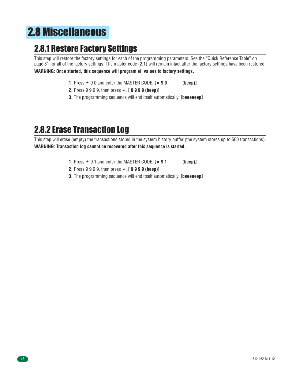 8 miscellaneous, 1 restore factory settings, 2 erase transaction log | DoorKing 1812 Access Plus User Manual | Page 44 / 60