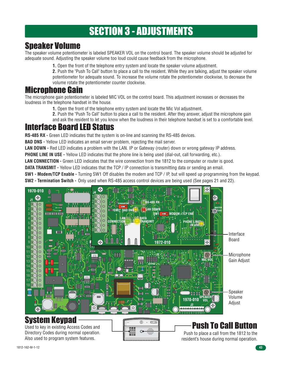 Speaker volume, Microphone gain interface board led status, Push to call button | System keypad, Microphone gain adjust, Interface board speaker volume adjust | DoorKing 1812 Access Plus User Manual | Page 45 / 60