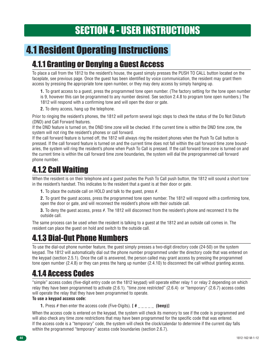 1 resident operating instructions, 1 granting or denying a guest access, 2 call waiting | 4 access codes, 3 dial-out phone numbers | DoorKing 1812 Access Plus User Manual | Page 46 / 60