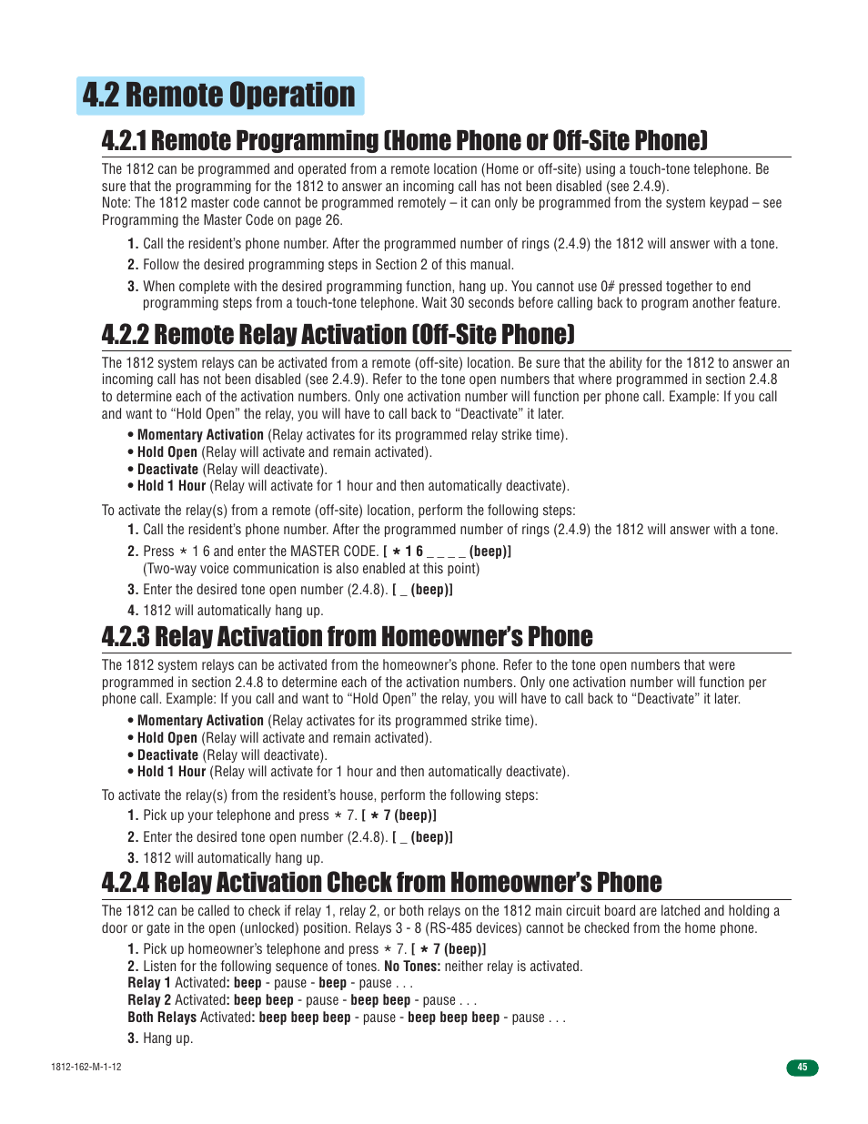 2 remote operation, 2 remote relay activation (off-site phone), 4 relay activation check from homeowner’s phone | 3 relay activation from homeowner’s phone | DoorKing 1812 Access Plus User Manual | Page 47 / 60