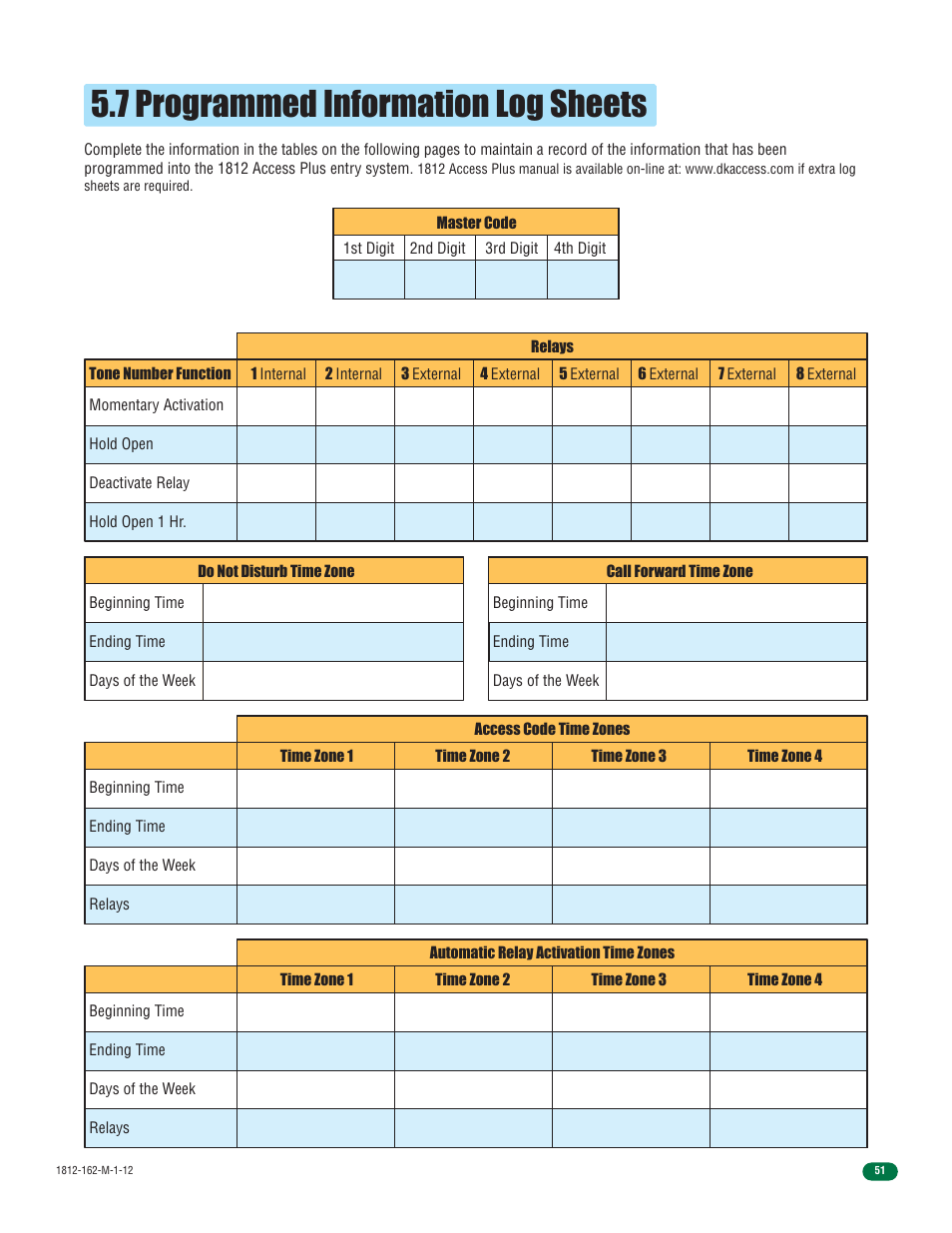 7 programmed information log sheets | DoorKing 1812 Access Plus User Manual | Page 53 / 60