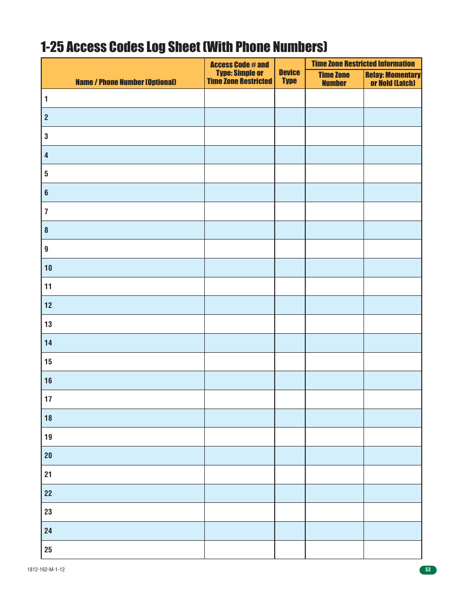 25 access codes log sheet (with phone numbers) | DoorKing 1812 Access Plus User Manual | Page 55 / 60