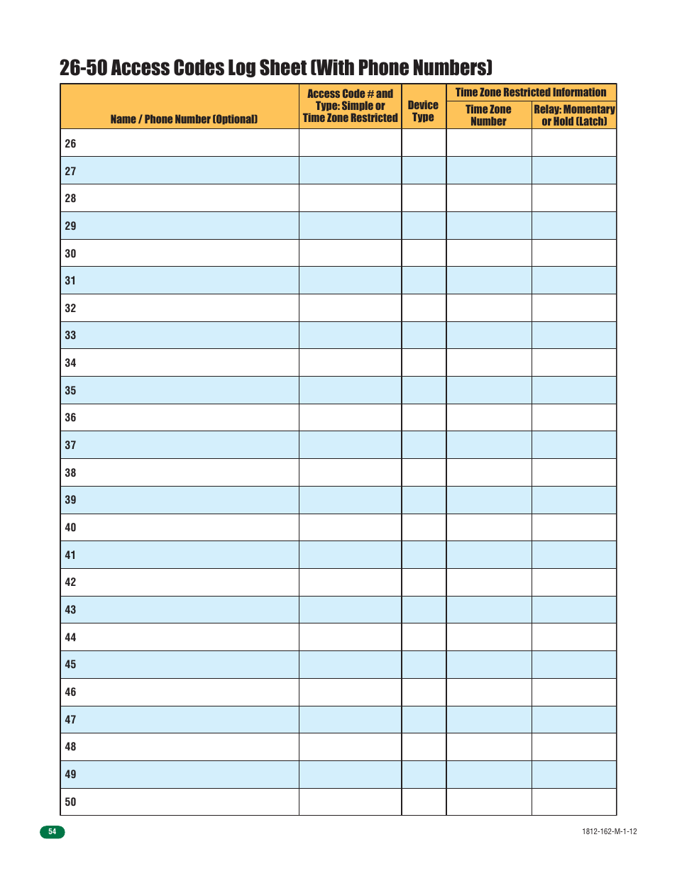 50 access codes log sheet (with phone numbers) | DoorKing 1812 Access Plus User Manual | Page 56 / 60