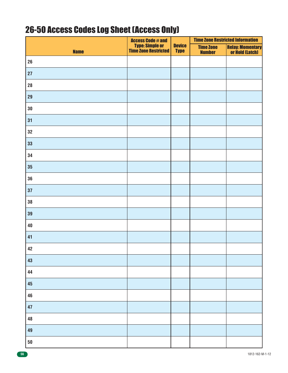 50 access codes log sheet (access only) | DoorKing 1812 Access Plus User Manual | Page 58 / 60