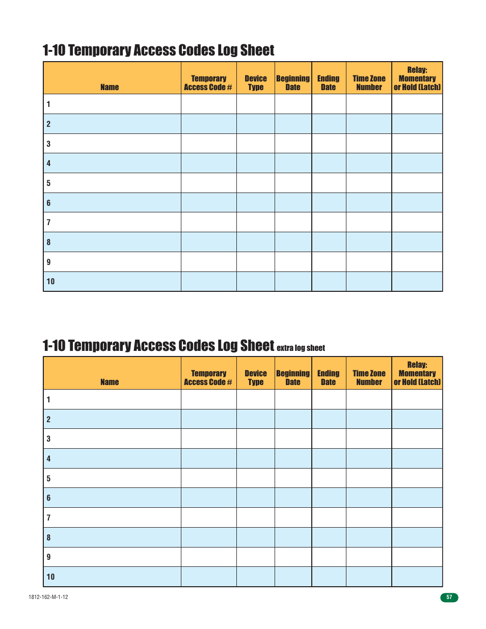 10 temporary access codes log sheet | DoorKing 1812 Access Plus User Manual | Page 59 / 60