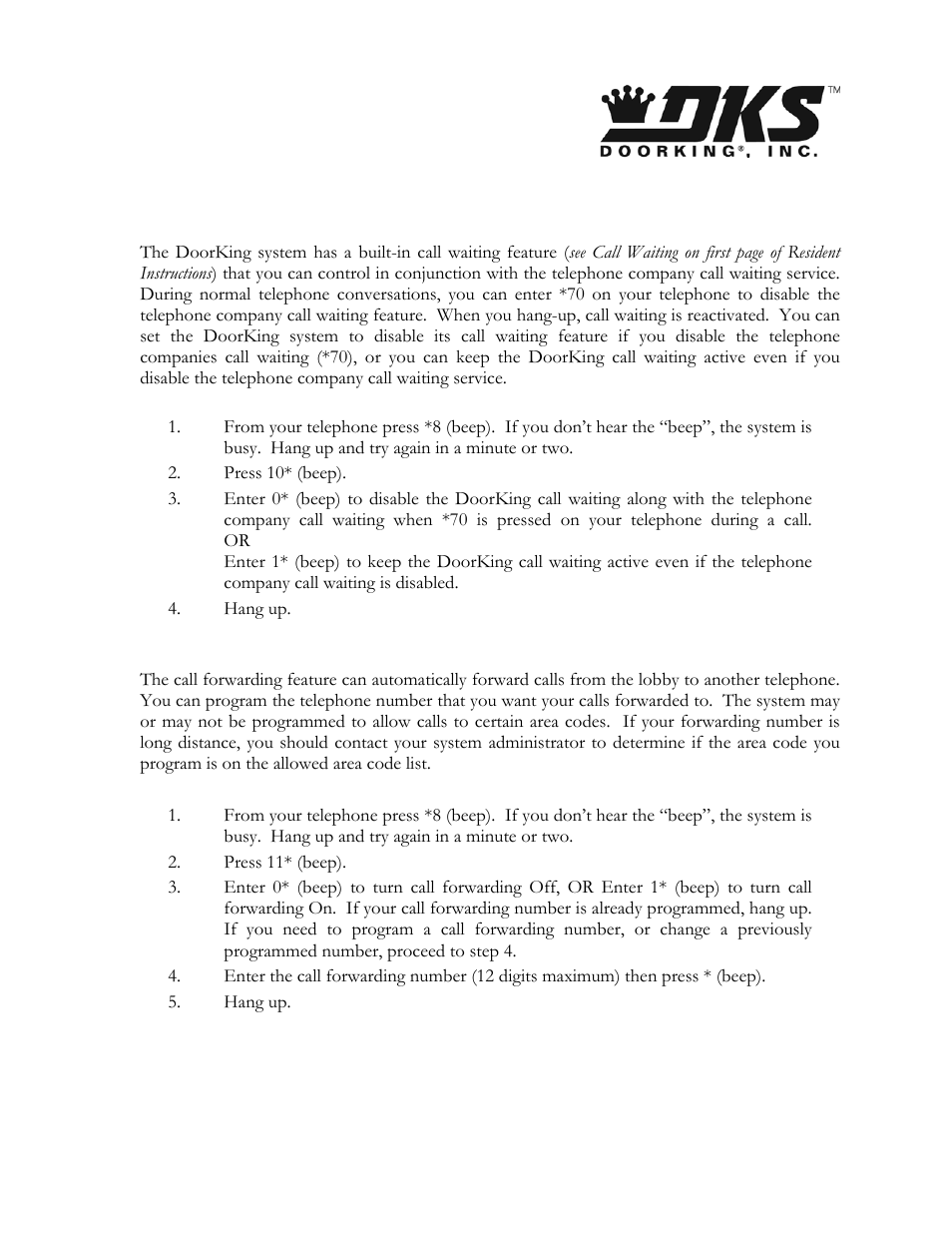 Call waiting on / off, Call forwarding, Resident advanced programming instructions | DoorKing 1820 Telephone Intercom User Manual | Page 61 / 63