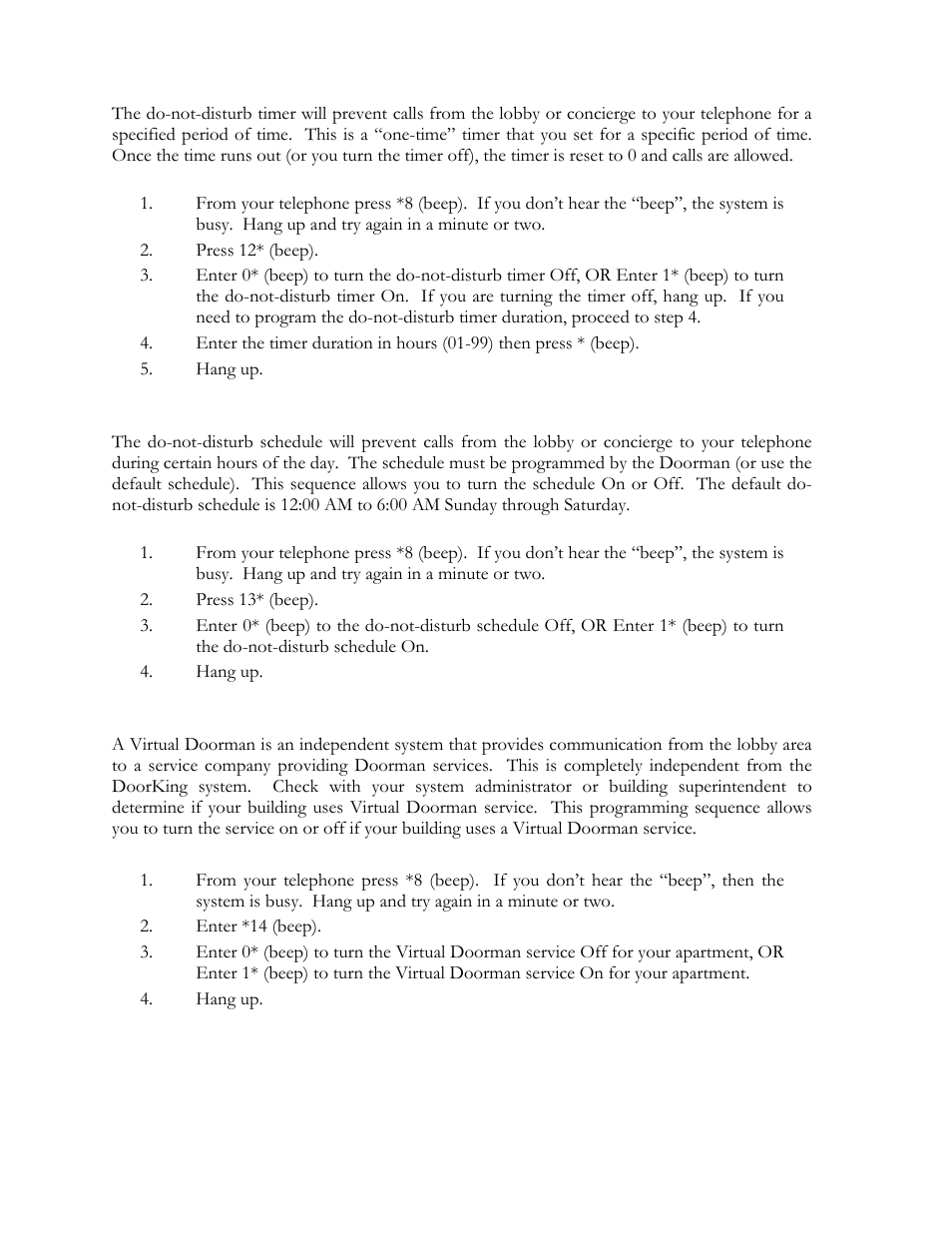 Do not disturb timer, Do not disturb schedule, Virtual doorman on / off | DoorKing 1820 Telephone Intercom User Manual | Page 62 / 63