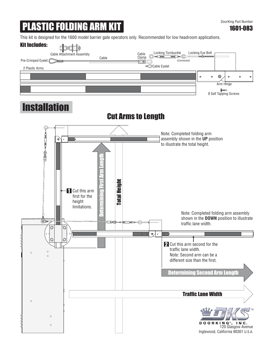 Plastic folding arm kit installation, Cut arms to length | DoorKing 1602 Barrier Gate User Manual | Page 10 / 15