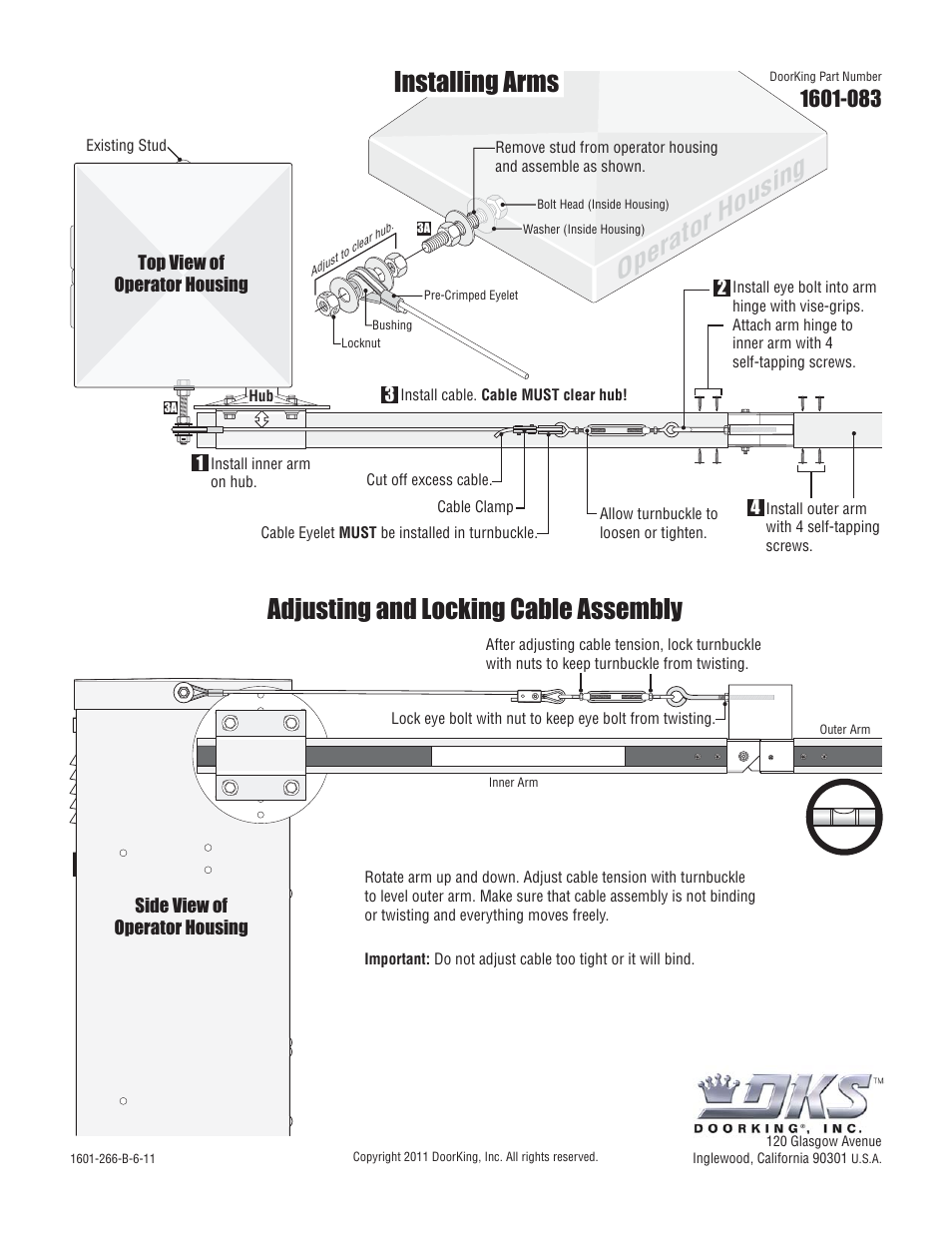Adjusting and locking cable assembly, Operator housing, Installing arms | DoorKing 1602 Barrier Gate User Manual | Page 11 / 15
