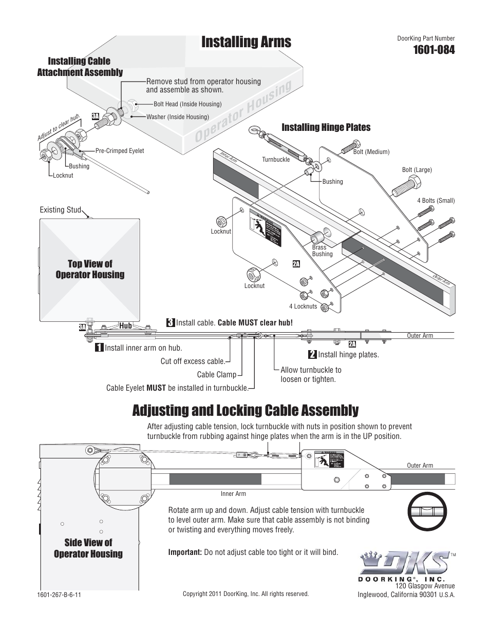Adjusting and locking cable assembly, Installing arms, Operator housing | Top view of operator housing, Installing hinge plates | DoorKing 1602 Barrier Gate User Manual | Page 13 / 15