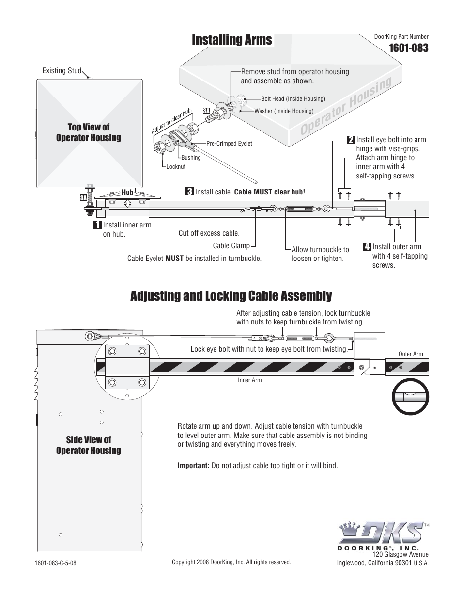 Adjusting and locking cable assembly, Operator h ousing, Installing arms | DoorKing 1602 Barrier Gate User Manual | Page 2 / 15