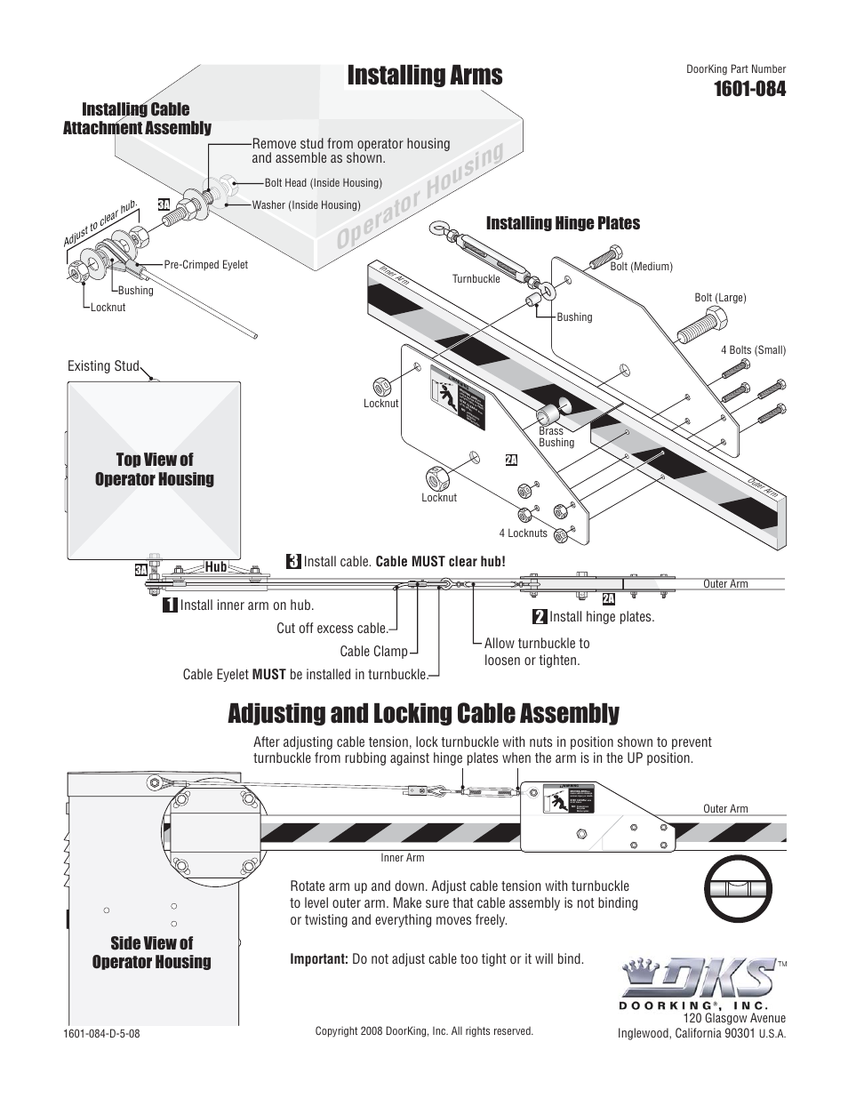 Adjusting and locking cable assembly, Installing arms, Operator h ousing | Top view of operator housing, Installing hinge plates, Install inner arm on hub, Install hinge plates | DoorKing 1602 Barrier Gate User Manual | Page 4 / 15