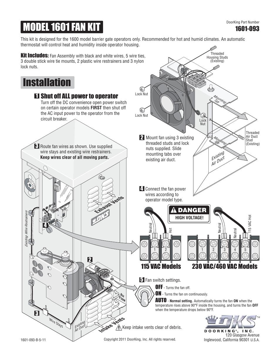 Model 1601 fan kit installation, Shut off all power to operator, Danger | DoorKing 1602 Barrier Gate User Manual | Page 5 / 15