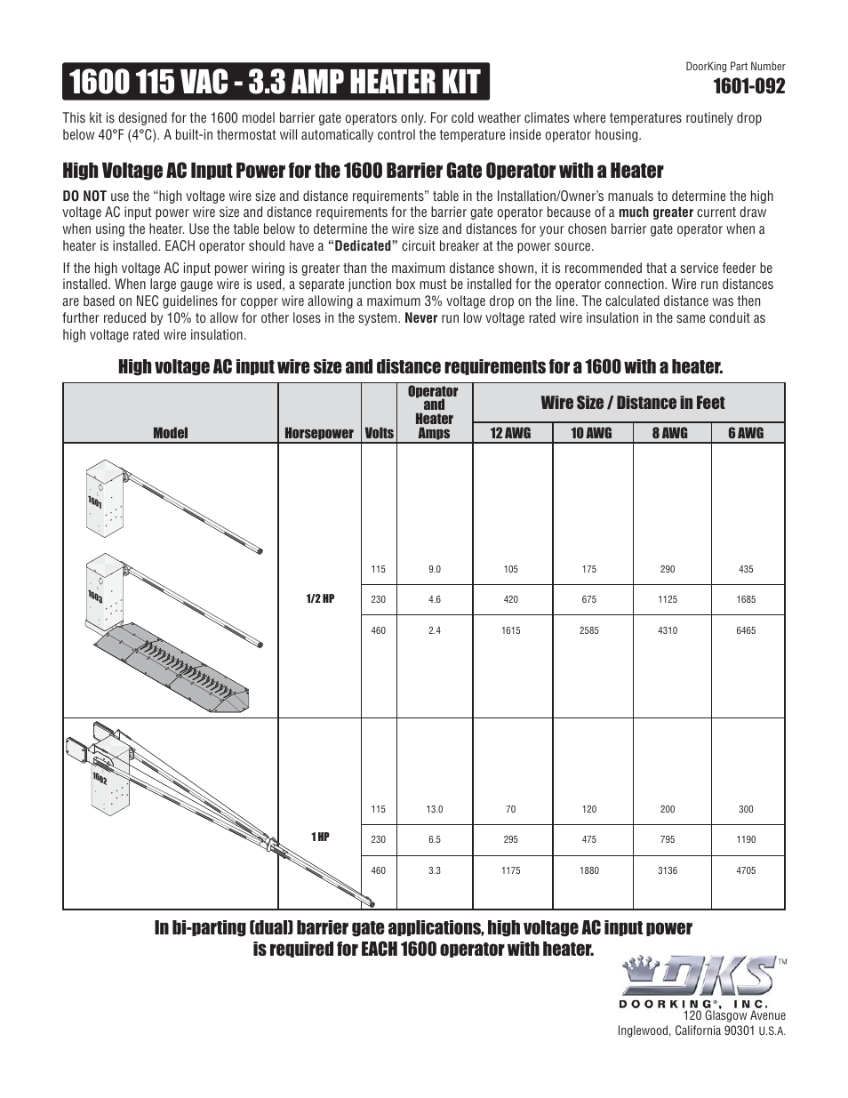 Wire size / distance in feet | DoorKing 1602 Barrier Gate User Manual | Page 6 / 15