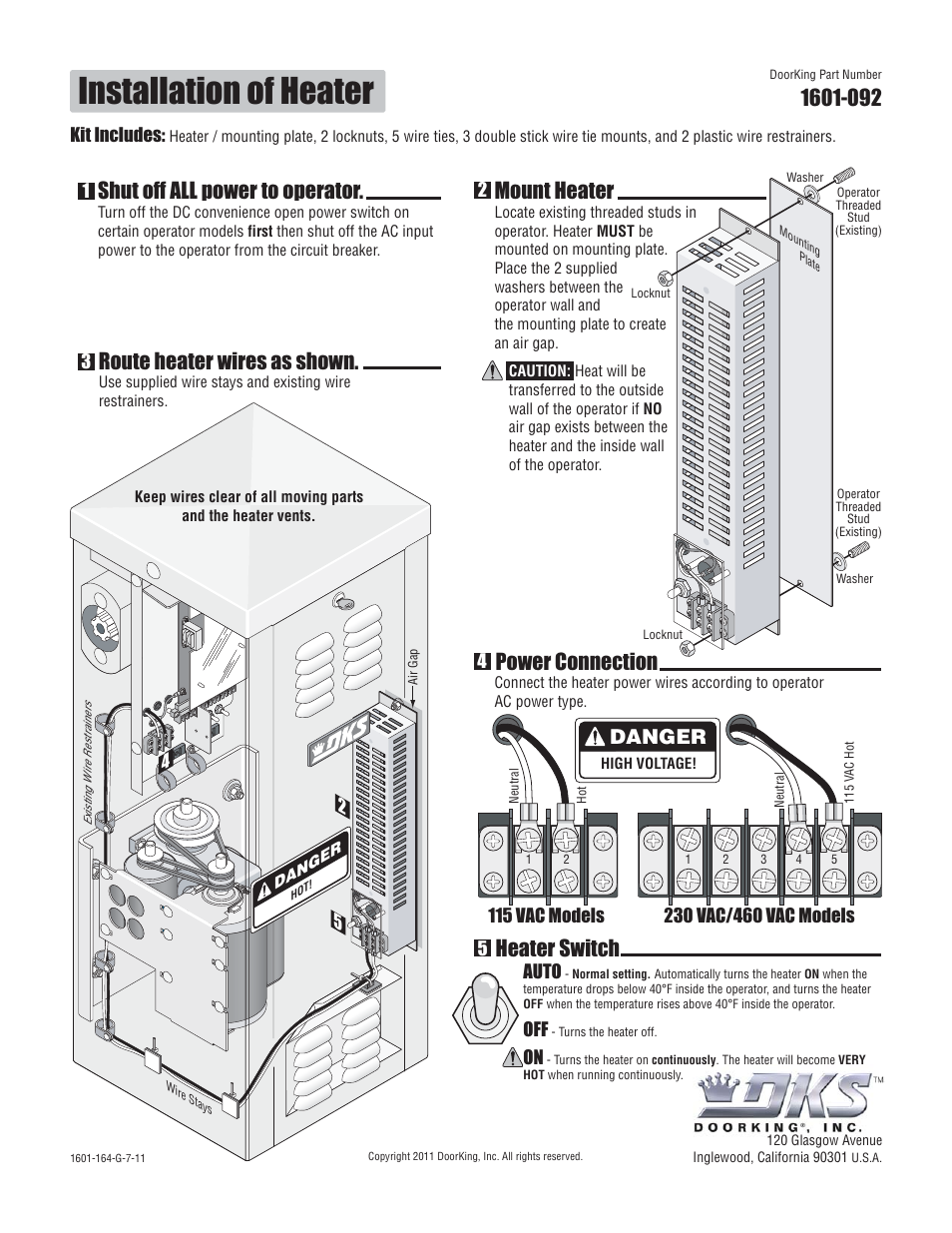 Installation of heater, Mount heater, Route heater wires as shown | Shut off all power to operator, Power connection heater switch, Danger | DoorKing 1602 Barrier Gate User Manual | Page 7 / 15