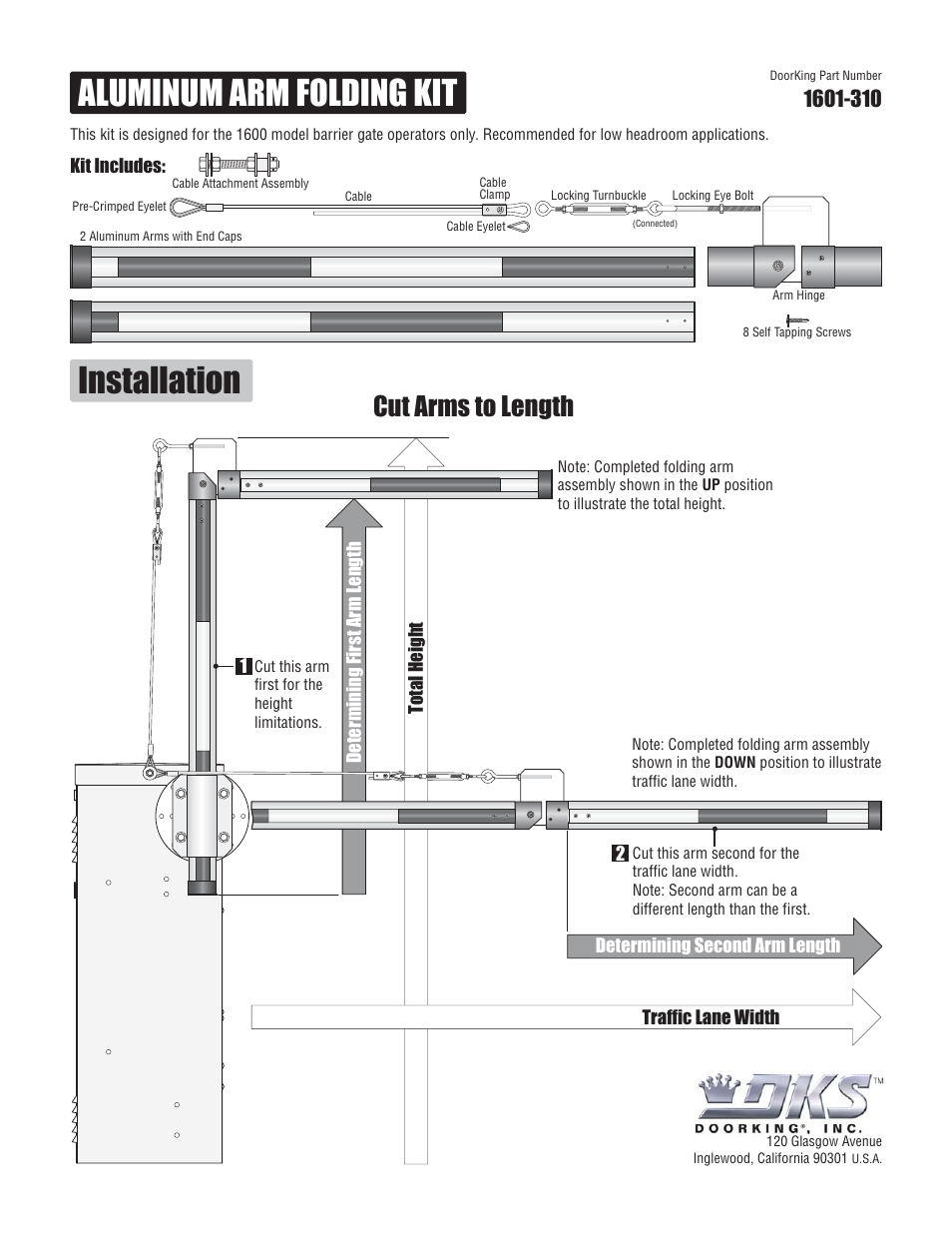 Aluminum arm folding kit installation, Cut arms to length | DoorKing 1602 Barrier Gate User Manual | Page 8 / 15