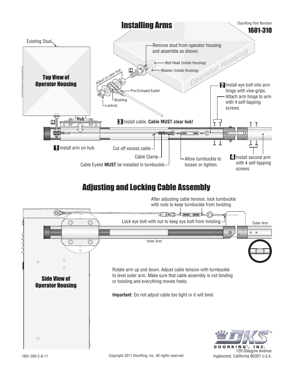 Adjusting and locking cable assembly, Operator housing, Installing arms | DoorKing 1602 Barrier Gate User Manual | Page 9 / 15