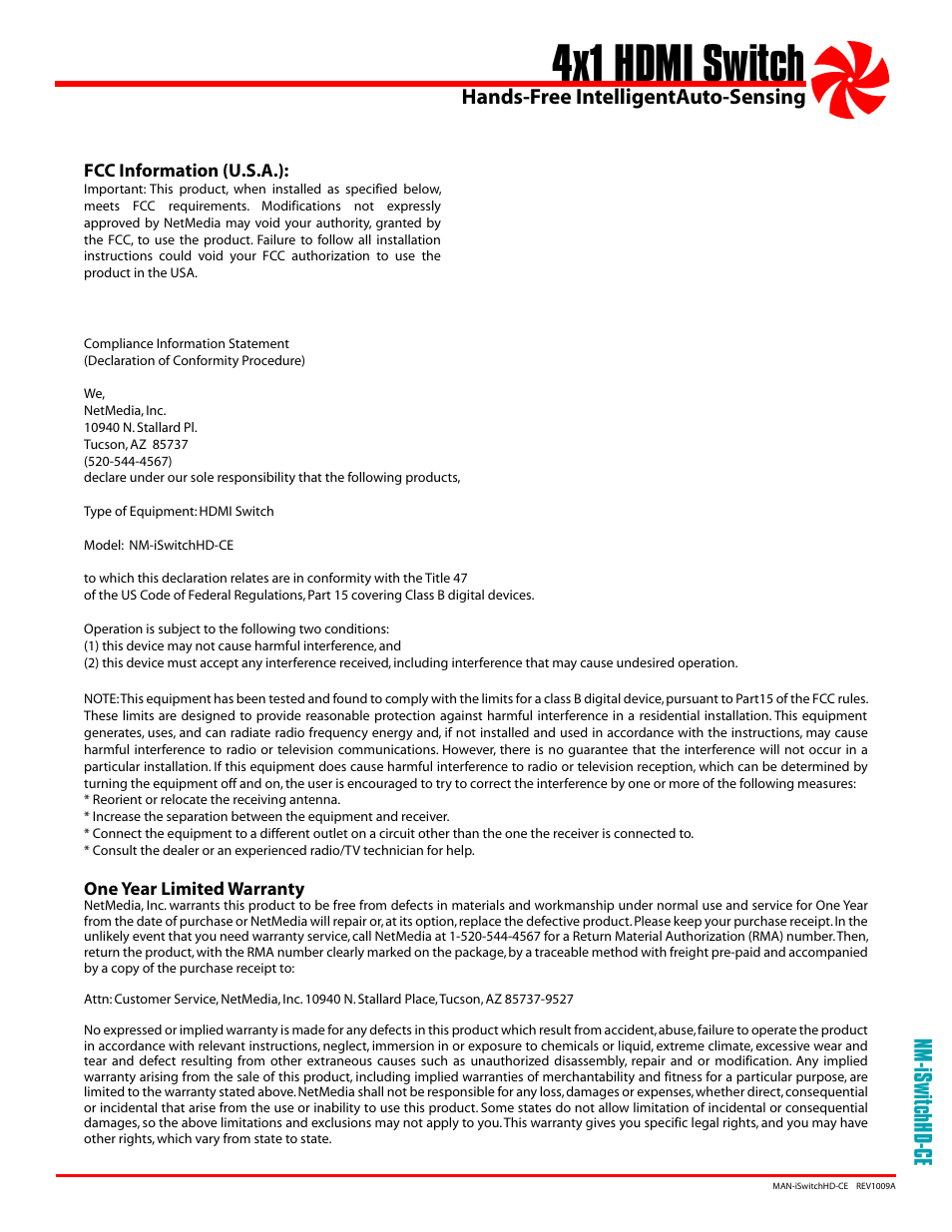 4x1 hdmi switch, Hands-free intelligentauto-sensing, Nm-iswitchhd-ce | NetMedia iSwitchHD-CE User Manual | Page 3 / 4