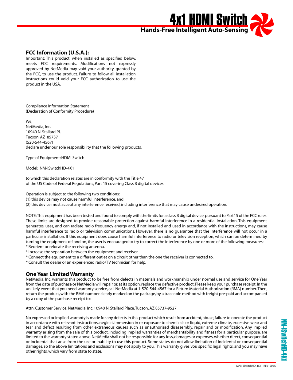 4x1 hdmi switch, Hands-free intelligent auto-sensing, Nm-iswitchhd-4x1 | NetMedia iSwitchHD-4x1 User Manual | Page 3 / 4