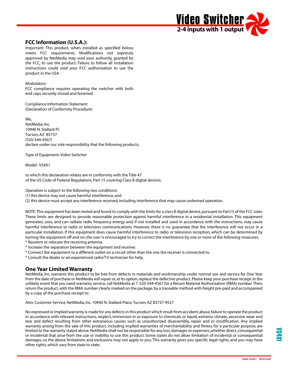 Video switcher, Vs4x1, 4 inputs with 1 output | NetMedia VS4X1 User Manual | Page 3 / 4