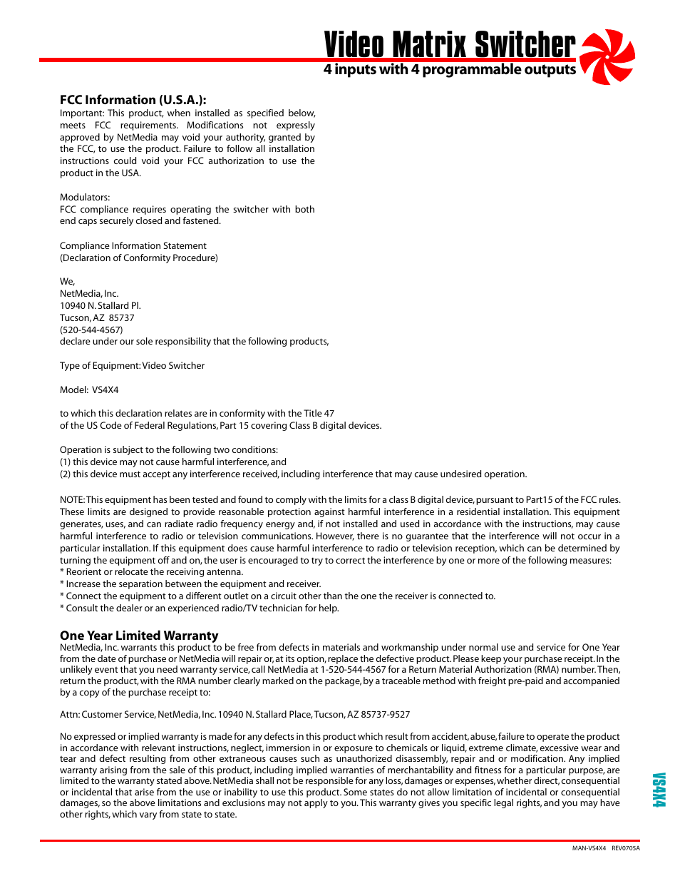 Video matrix switcher, Vs4x4, 4 inputs with 4 programmable outputs | NetMedia VS4X4 User Manual | Page 3 / 4
