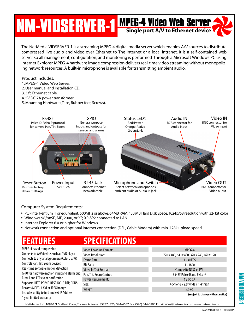 NetMedia VIDSERVER-1 User Manual | 2 pages