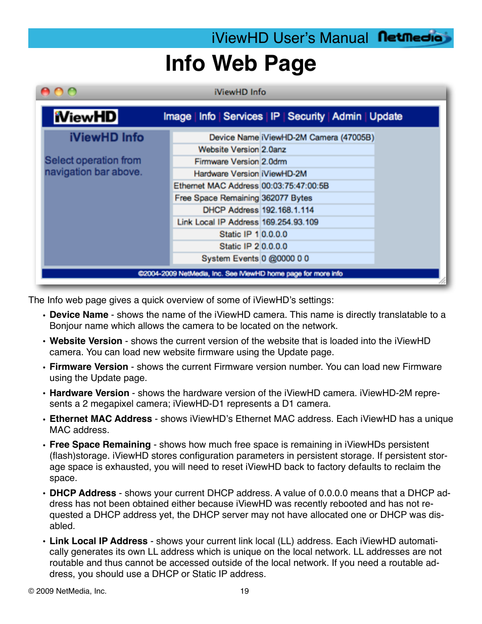Info web page, Iviewhd userʼs manual | NetMedia iViewHD-2M User Manual | Page 19 / 42