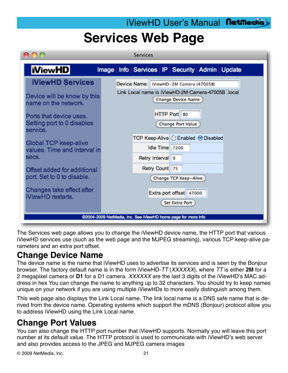 Change device name, Change port values, Services web page | Iviewhd userʼs manual | NetMedia iViewHD-2M User Manual | Page 21 / 42