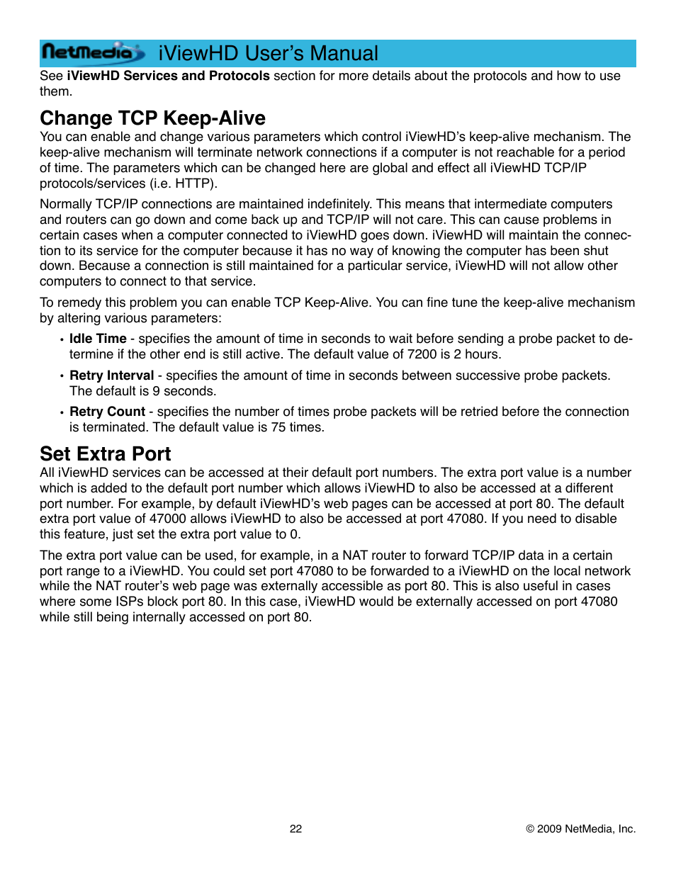 Change tcp keep-alive, Set extra port, Iviewhd userʼs manual | NetMedia iViewHD-2M User Manual | Page 22 / 42