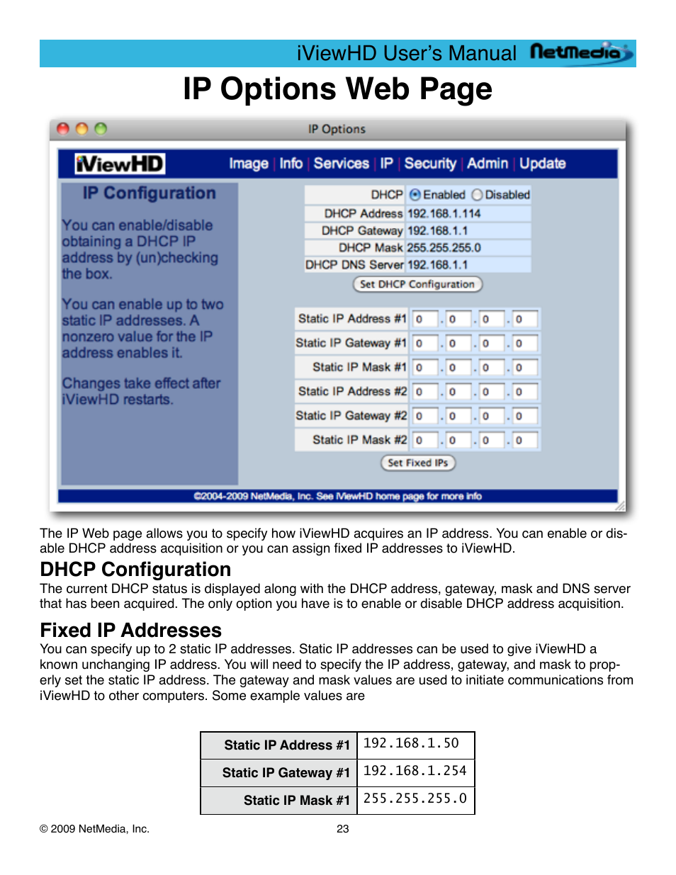 Dhcp configuration, Fixed ip addresses, Ip options web page | Iviewhd userʼs manual | NetMedia iViewHD-2M User Manual | Page 23 / 42