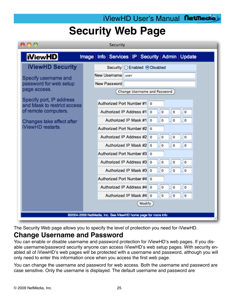 Change username and password, Security web page, Iviewhd userʼs manual | NetMedia iViewHD-2M User Manual | Page 25 / 42