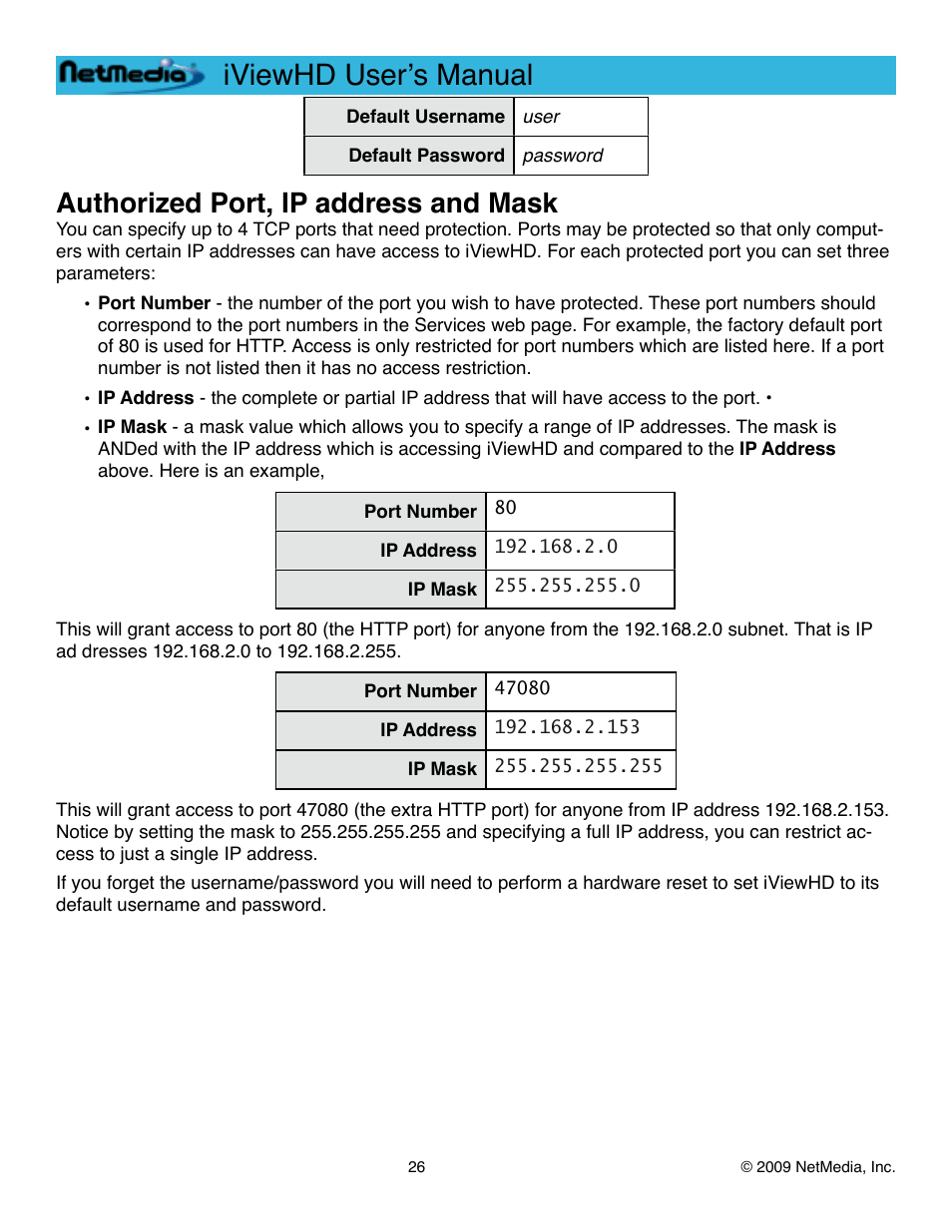 Authorized port, ip address and mask, Iviewhd userʼs manual | NetMedia iViewHD-2M User Manual | Page 26 / 42