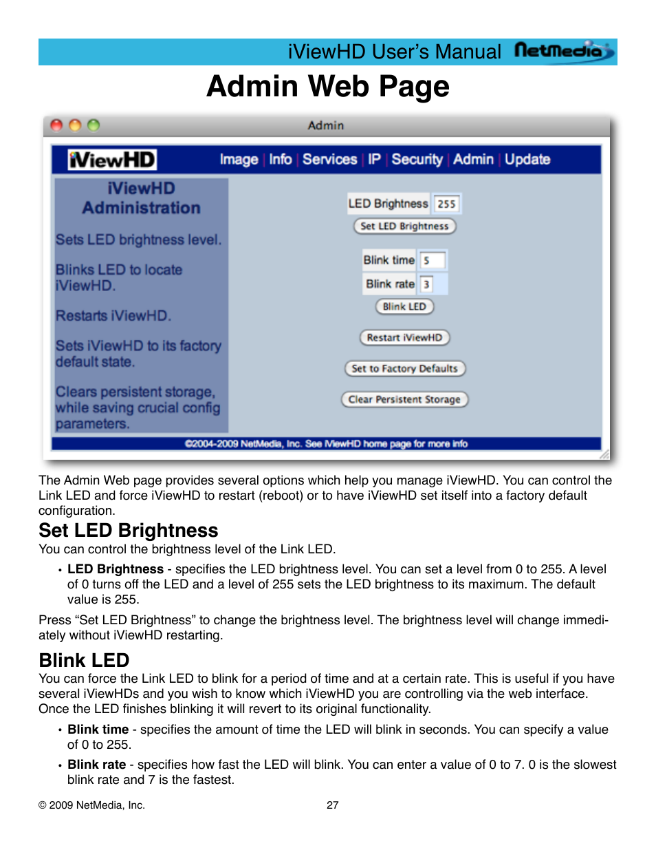 Set led brightness, Blink led, Admin web page | Iviewhd userʼs manual | NetMedia iViewHD-2M User Manual | Page 27 / 42