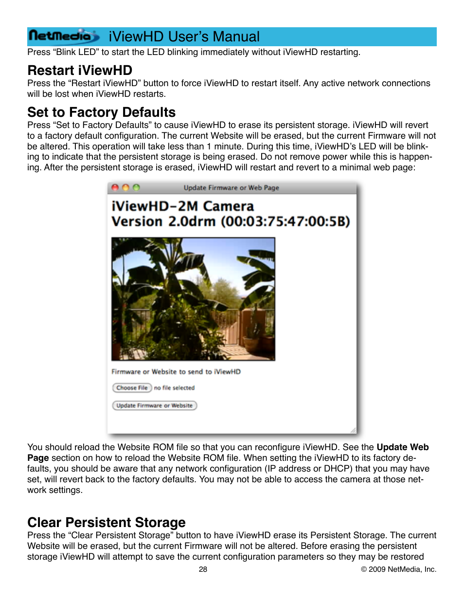 Restart iviewhd, Set to factory defaults, Clear persistent storage | Iviewhd userʼs manual | NetMedia iViewHD-2M User Manual | Page 28 / 42