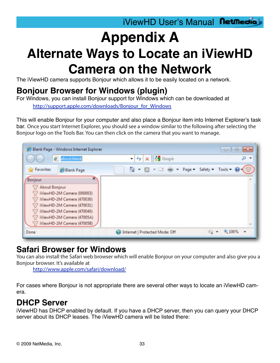 Appendix a, Bonjour browser for windows (plugin), Safari browser for windows | Dhcp server, Iviewhd userʼs manual | NetMedia iViewHD-2M User Manual | Page 33 / 42