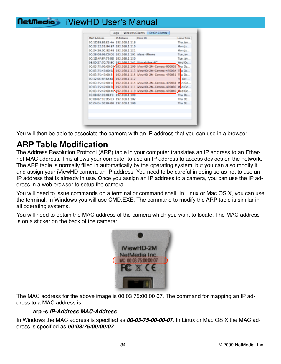 Arp table modification, Iviewhd userʼs manual | NetMedia iViewHD-2M User Manual | Page 34 / 42