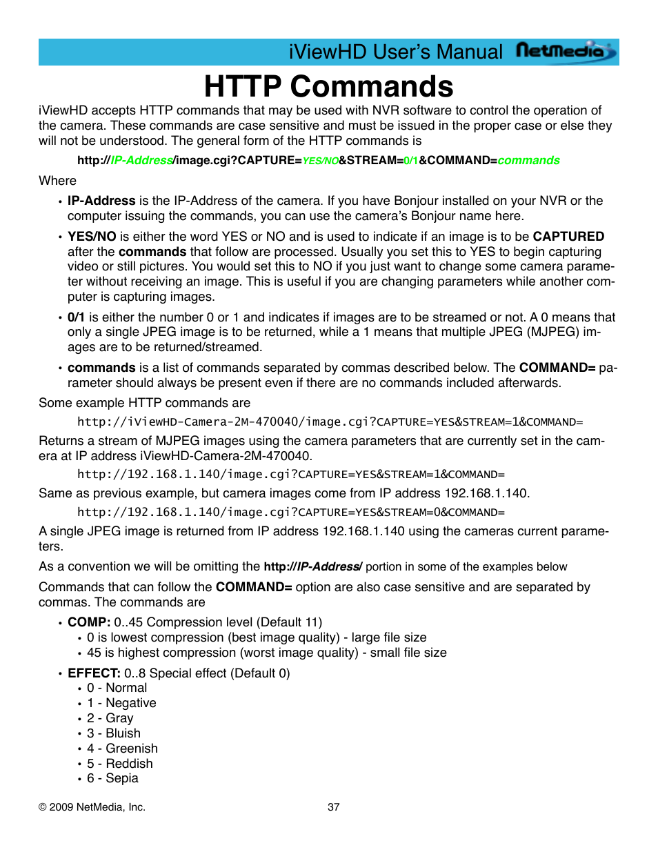 Http commands, Iviewhd userʼs manual | NetMedia iViewHD-2M User Manual | Page 37 / 42