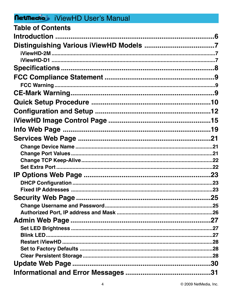 Iviewhd userʼs manual, Ip options web page! 23, Security web page! 25 | Admin web page! 27 | NetMedia iViewHD-2M User Manual | Page 4 / 42