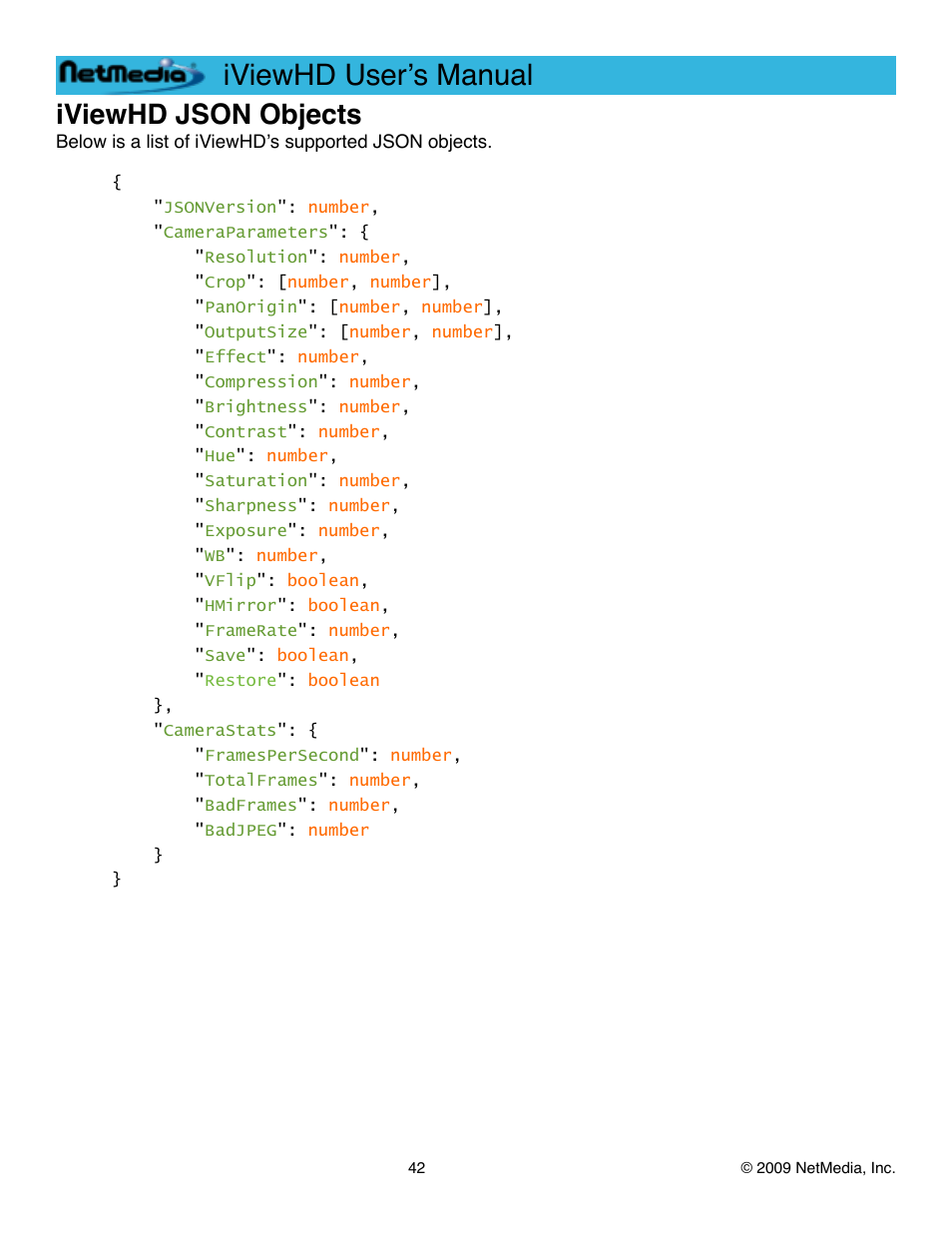 Iviewhd json objects, Iviewhd userʼs manual | NetMedia iViewHD-2M User Manual | Page 42 / 42