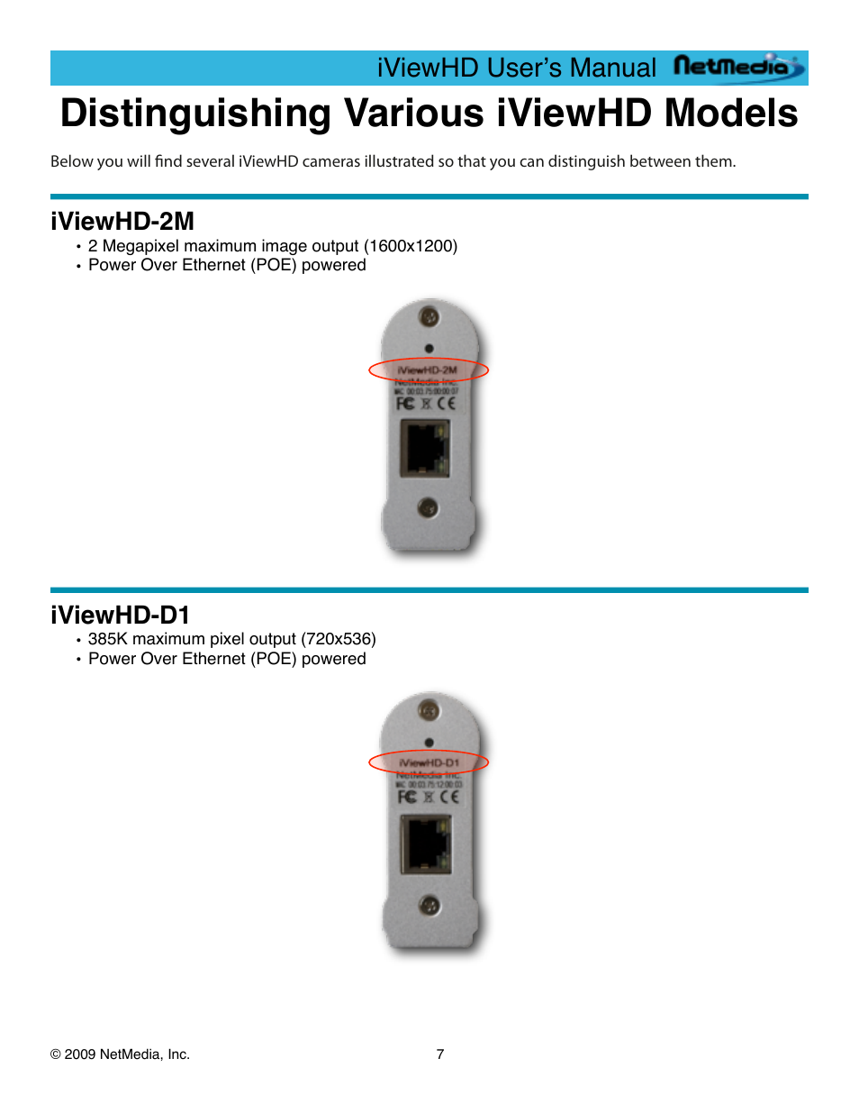 Distinguishing various iviewhd models, Iviewhd-2m, Iviewhd-d1 | Iviewhd userʼs manual | NetMedia iViewHD-2M User Manual | Page 7 / 42