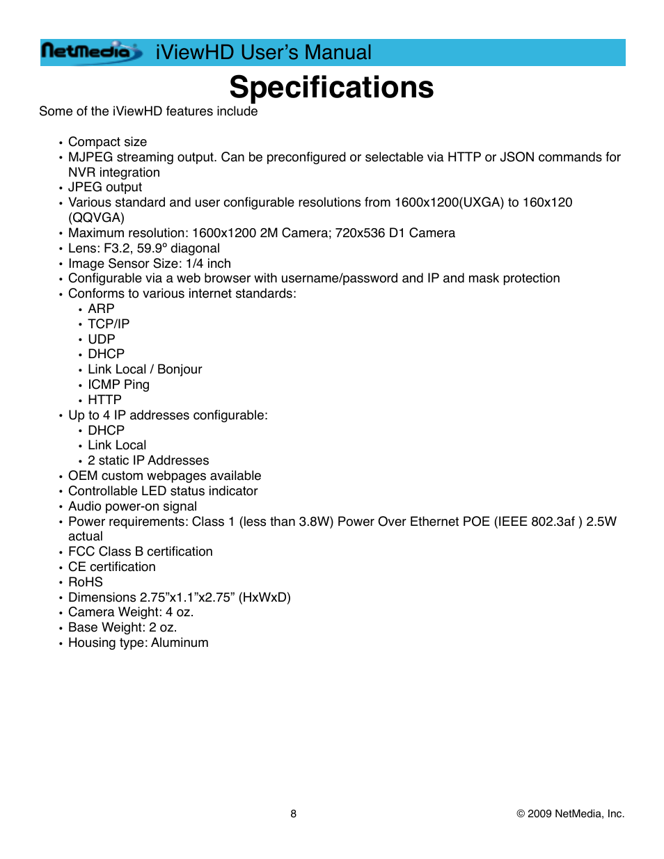 Specifications, Iviewhd userʼs manual | NetMedia iViewHD-2M User Manual | Page 8 / 42