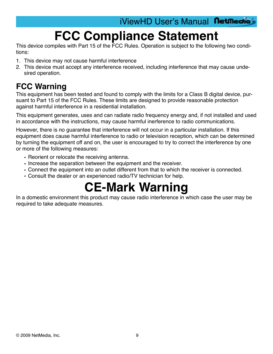 Fcc compliance statement, Fcc warning, Ce-mark warning | Iviewhd userʼs manual | NetMedia iViewHD-2M User Manual | Page 9 / 42