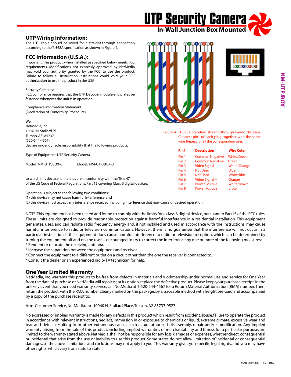 Utp security camera, In-wall junction box mounted, Nm-utpjbo x one year limited warranty | Fcc information (u.s.a.), Utp wiring information | NetMedia UTPJBOX-DB User Manual | Page 3 / 4