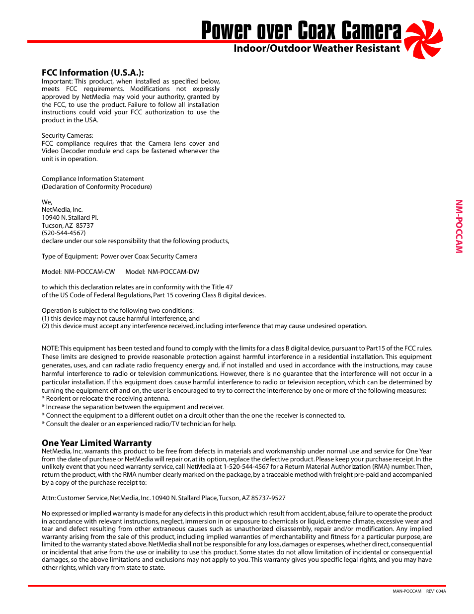 Power over coax camera, Indoor/outdoor weather resistant | NetMedia POCCAM-DW User Manual | Page 3 / 4