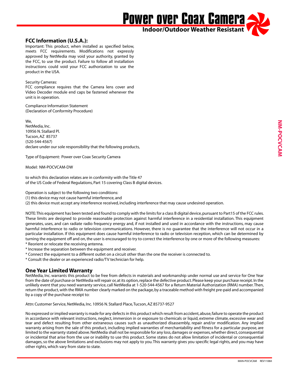 Power over coax camera, Indoor/outdoor weather resistant | NetMedia POCVCAM-DW User Manual | Page 3 / 4