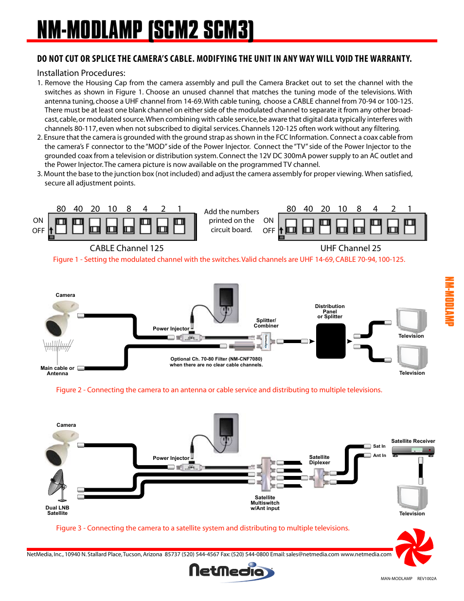 Nm-modlamp (scm2 scm3), Nm-modlamp, Installation procedures | Cable channel 125, Uhf channel 25 | NetMedia MODLAMP-DI User Manual | Page 2 / 4