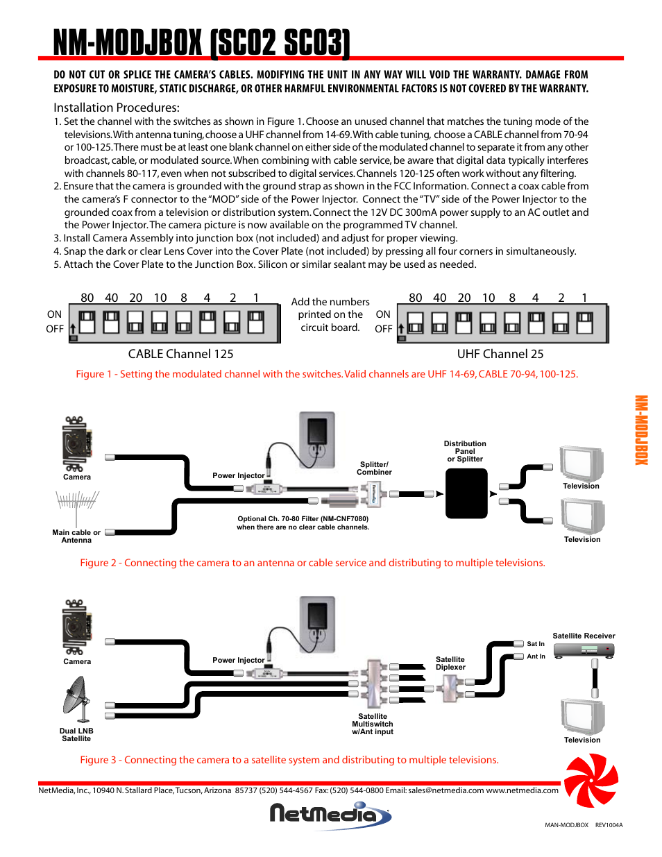 Nm-modjbox (sc02 sc03), Nm-modjbox, Installation procedures | Cable channel 125, Uhf channel 25 | NetMedia MODJBOX-DB User Manual | Page 2 / 4