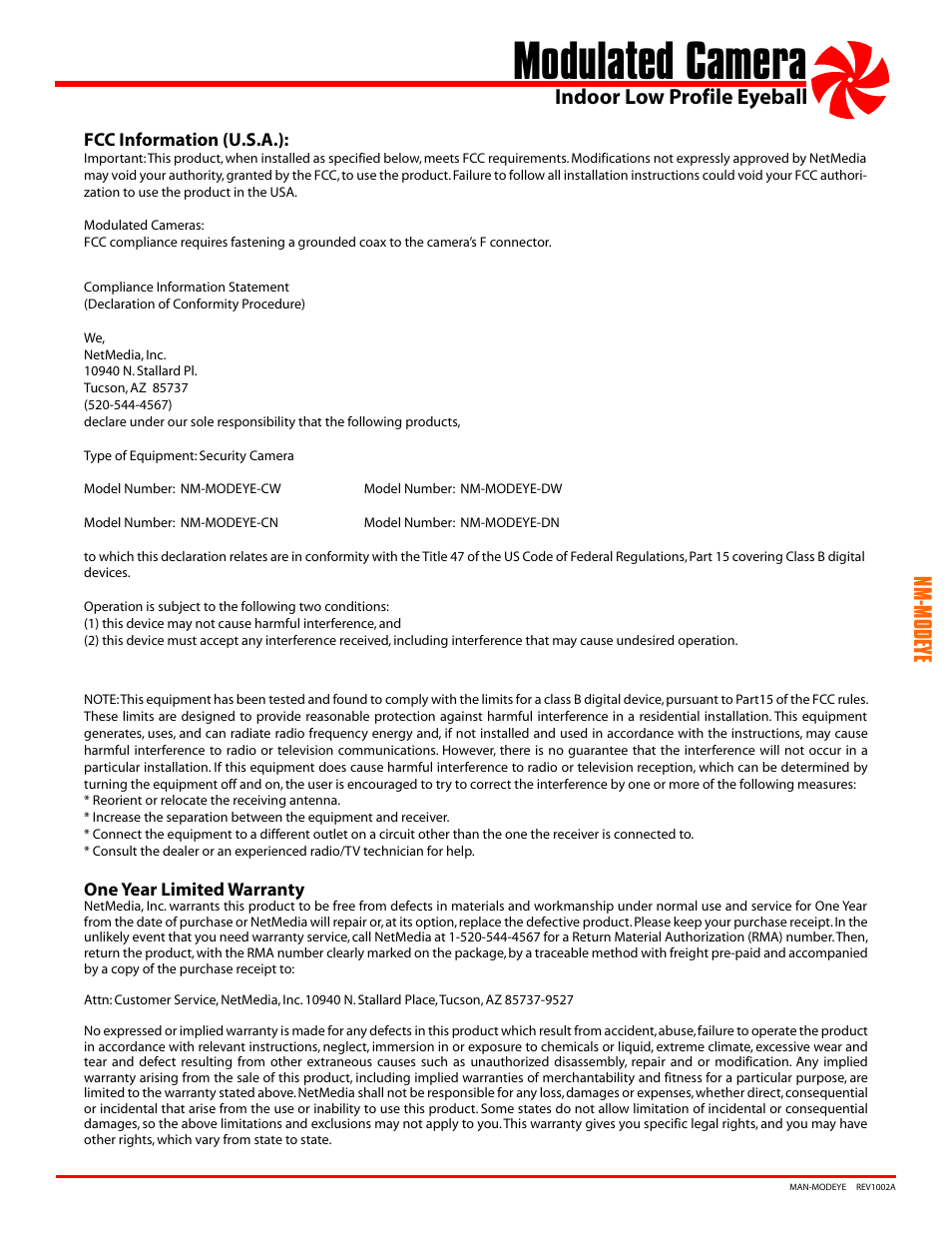 Modulated camera, Nm-modeye, Indoor low profile eyeball | NetMedia MODEYE-DN User Manual | Page 3 / 4