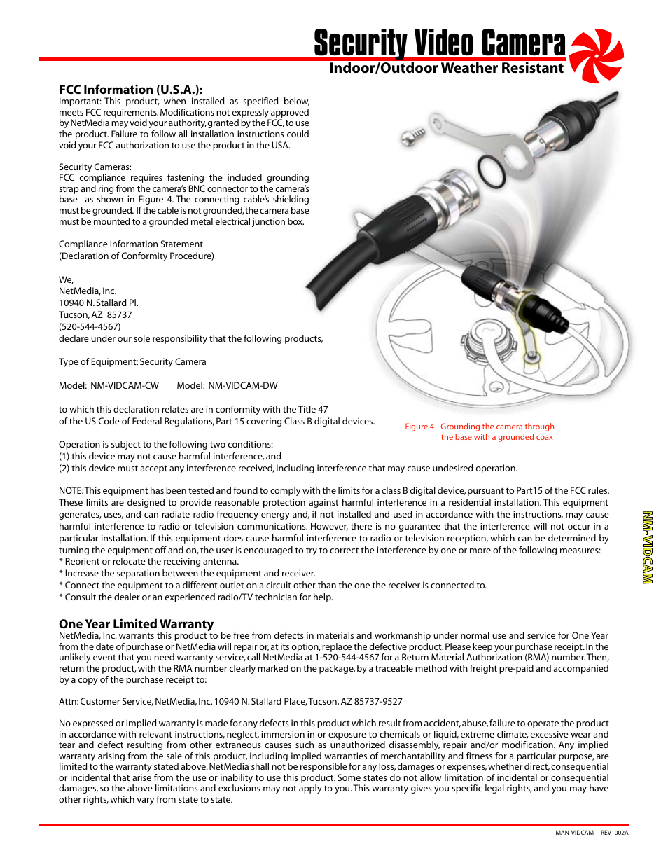 Security video camera, Indoor/outdoor weather resistant | NetMedia VIDCAM-DW User Manual | Page 3 / 4