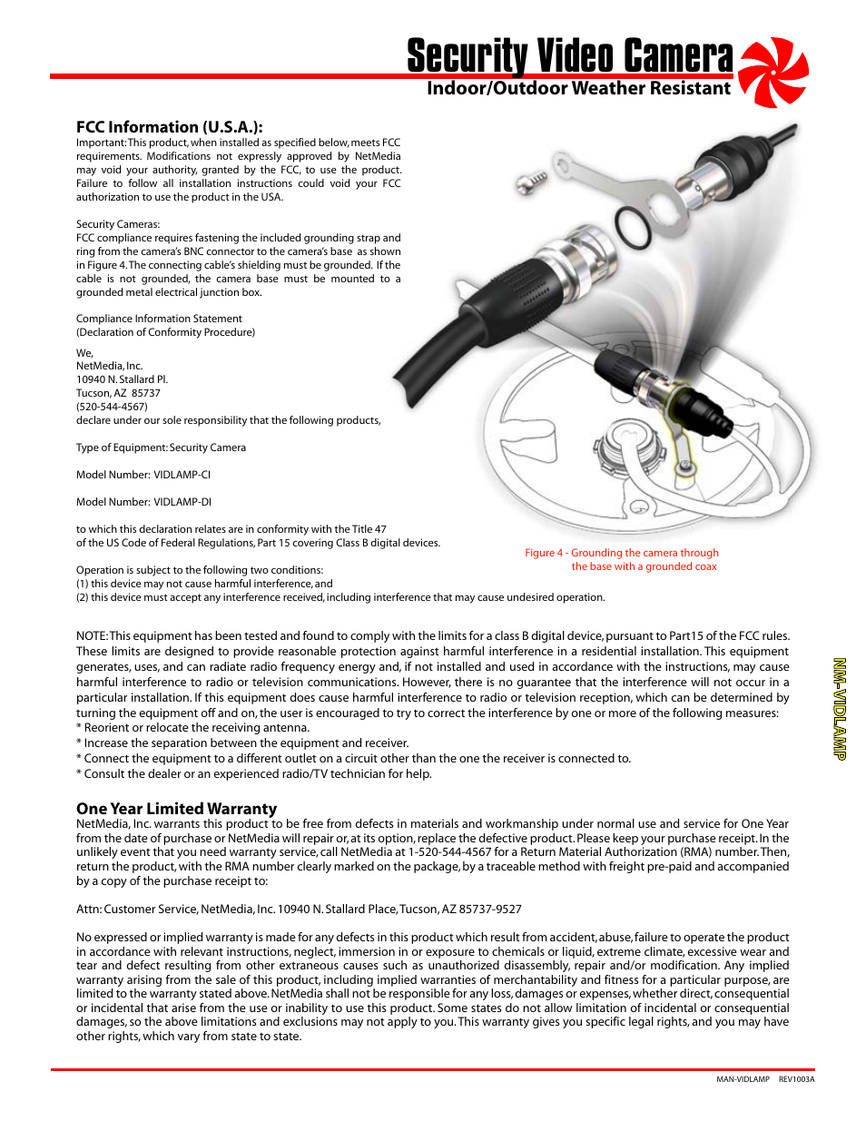 Security video camera, Indoor/outdoor weather resistant | NetMedia VIDLAMP-DI User Manual | Page 3 / 4